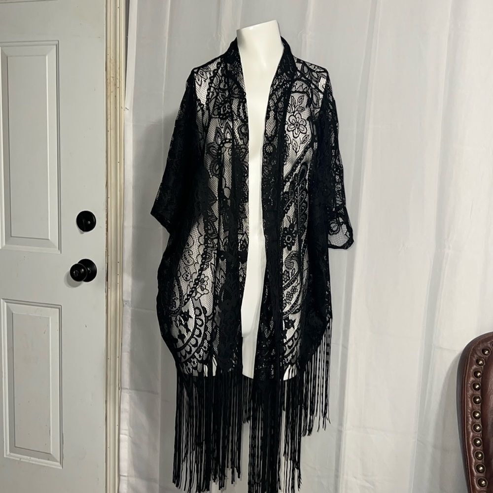 Emerette Lace Print Kimono Cardigan Loose Casual See Through Blouse Beach Dress